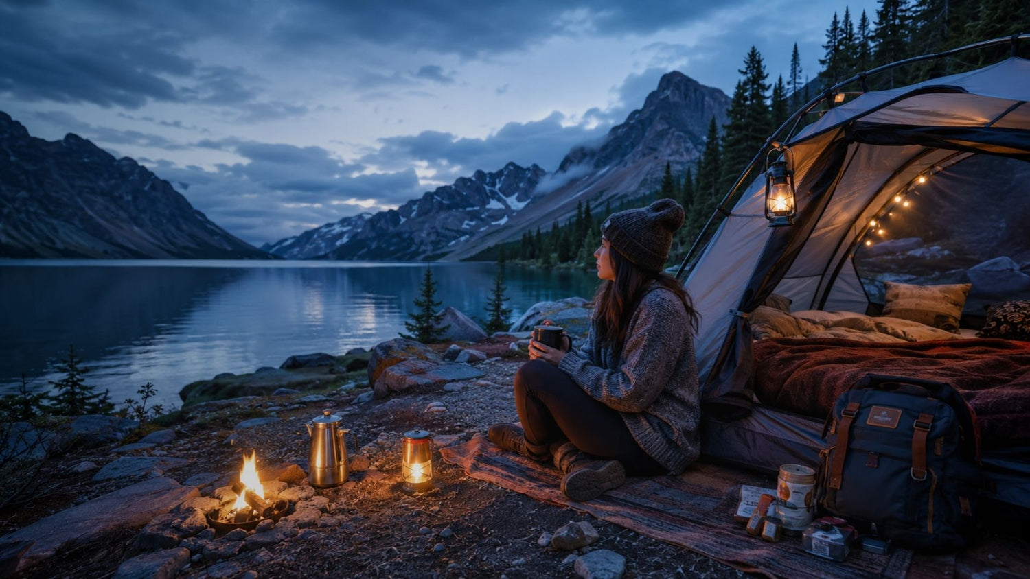 Person sitting by a campfire near a tent with a scenic lake and mountains in the background