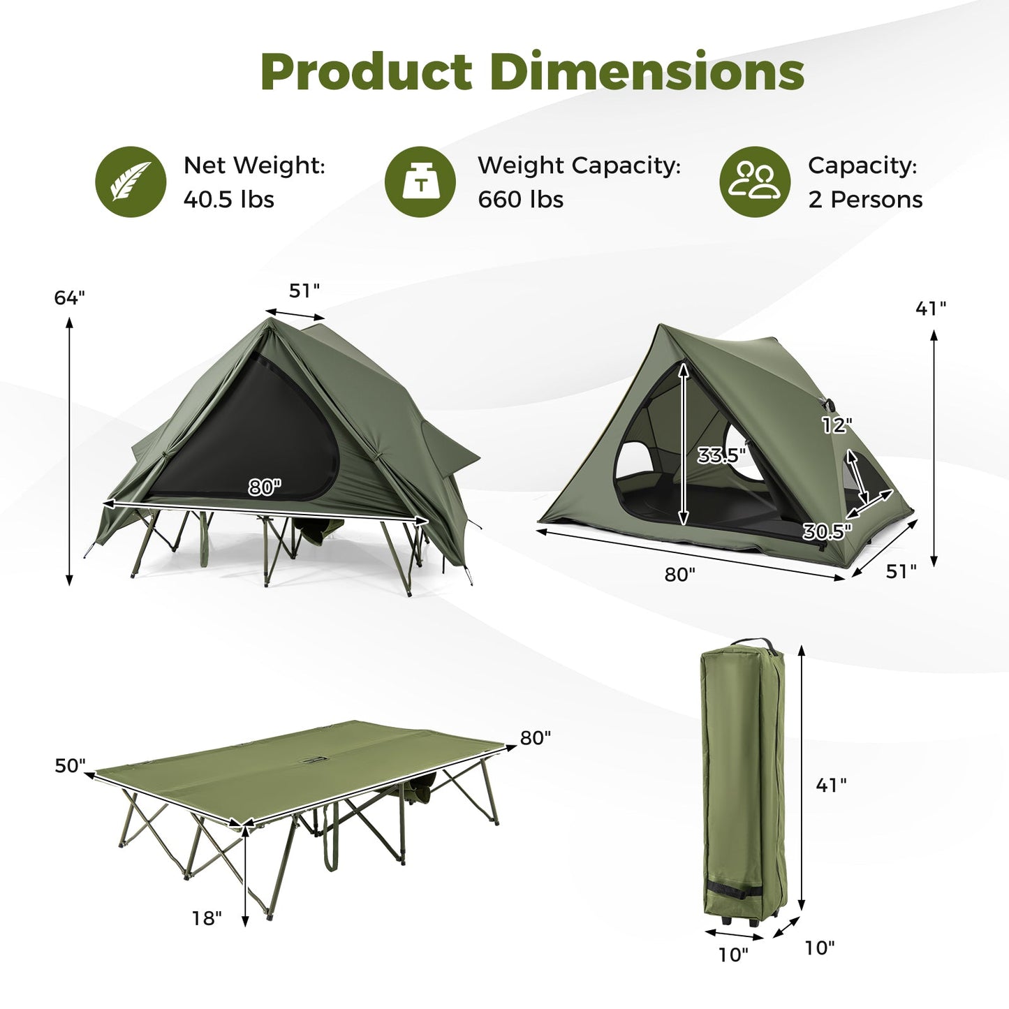 Foldable 2-Person Camping Cot Tent – Pop-Up Shelter with Wheeled Bag