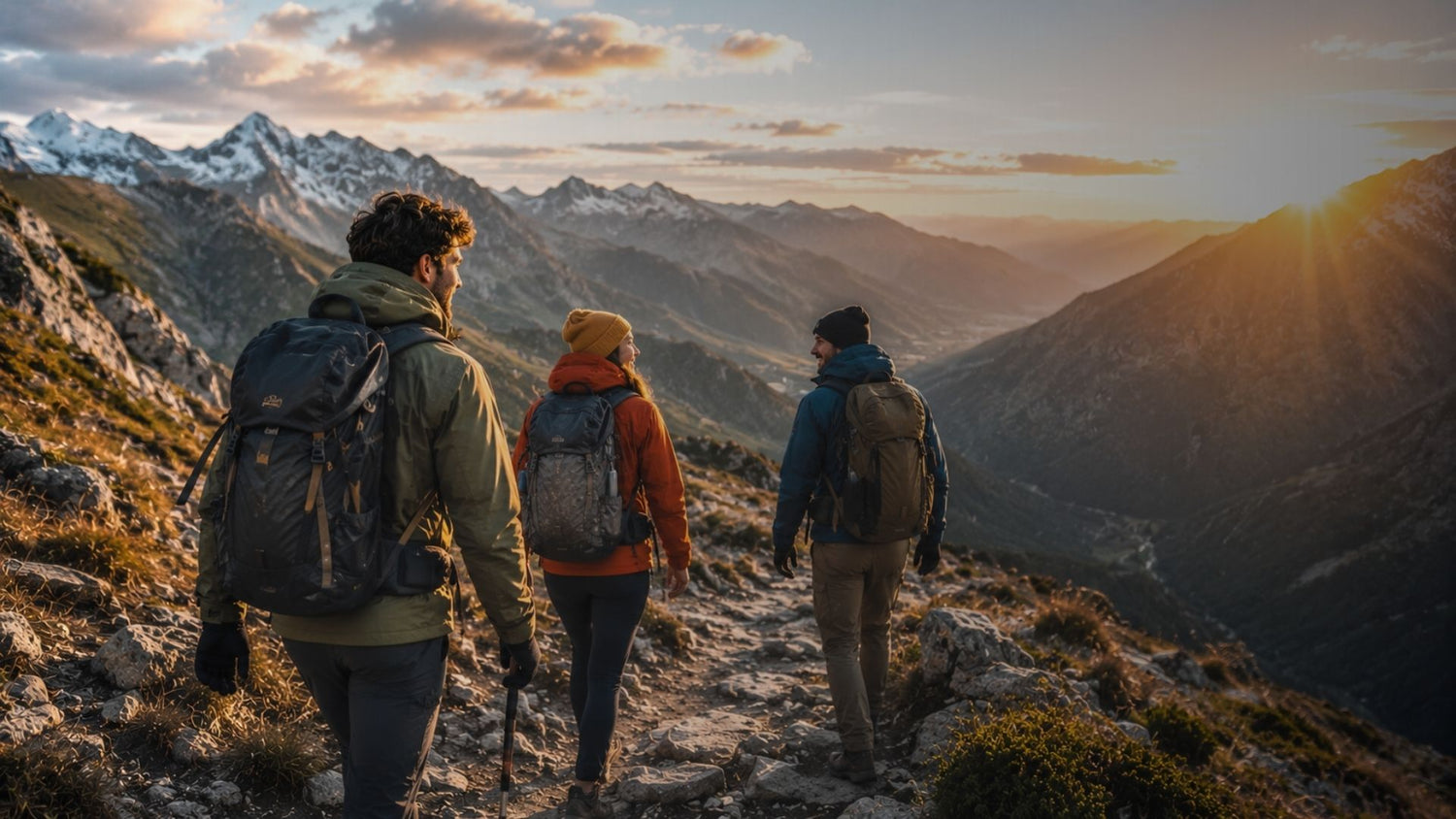 Three hikers on a mountain trail with a scenic view of mountains and sunset.