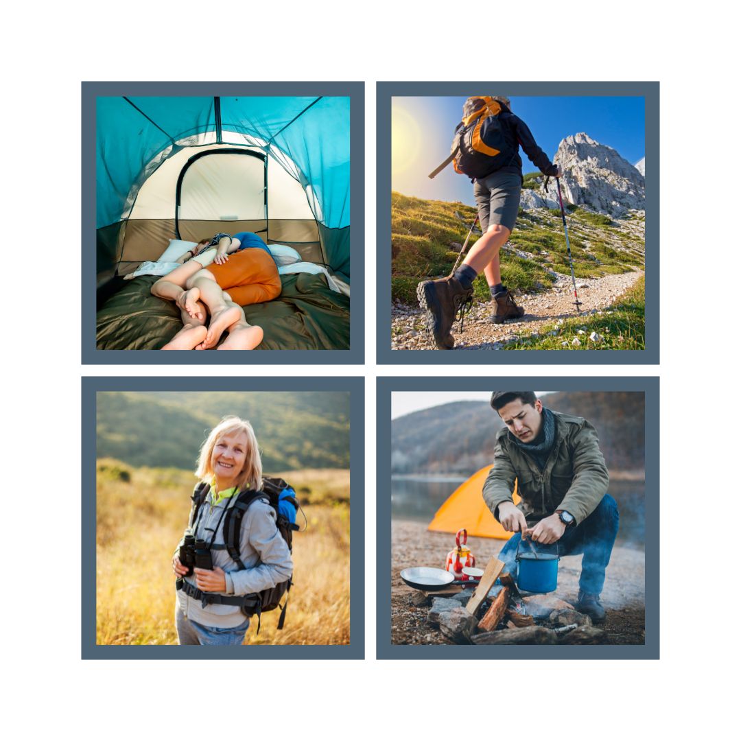 Collage of happy people camping hiking sleeping and cooking in beautiful outdoor wilderness