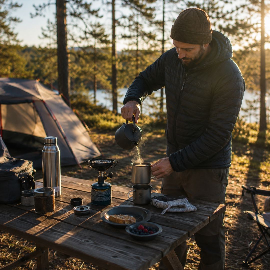 Man preparing a meal outdoors at a campsite with a tent and nature in the background.