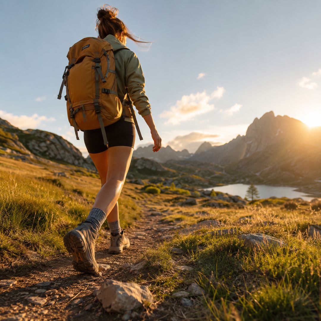 Person hiking on a mountain trail with a backpack during sunset.